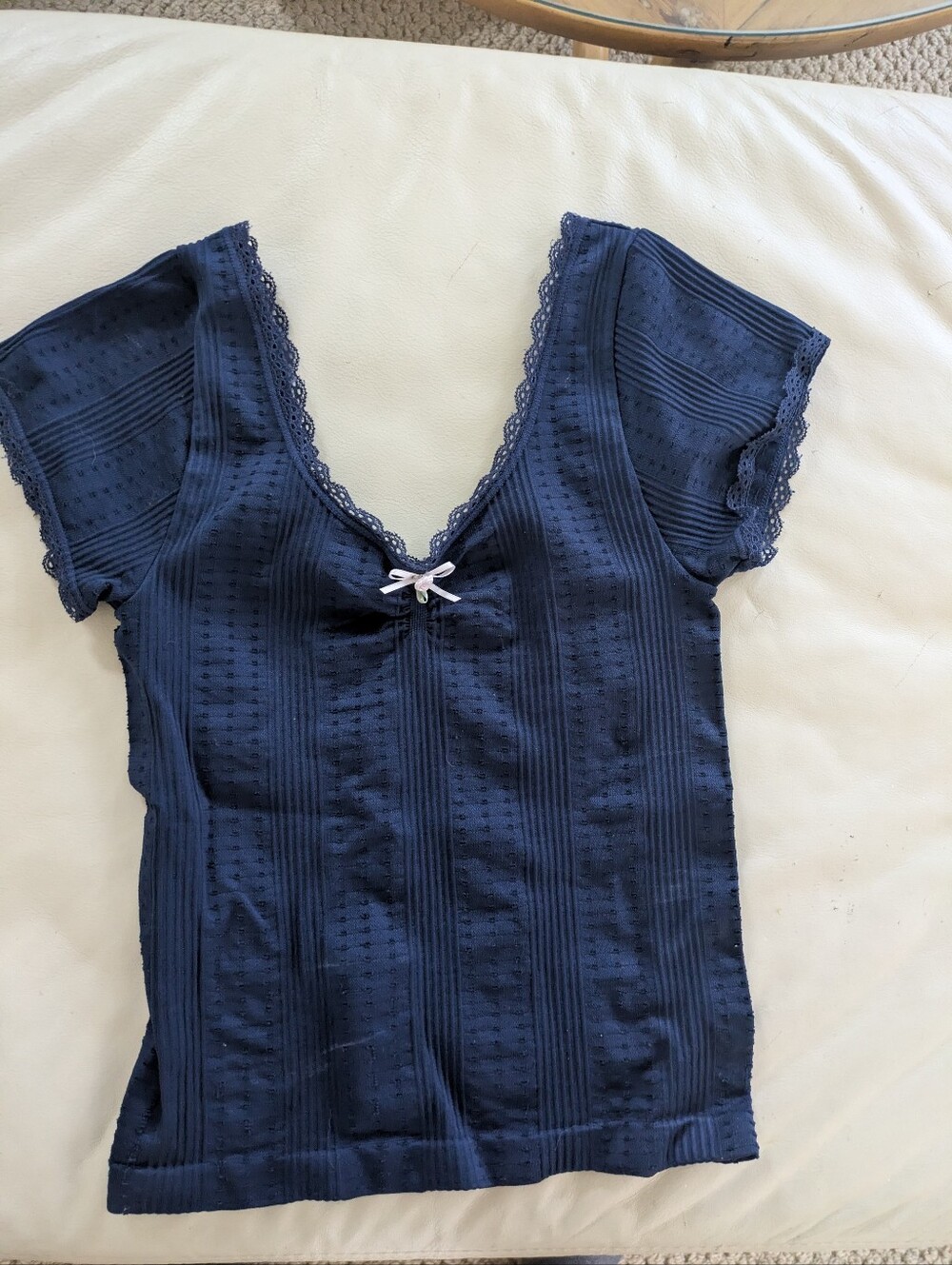 Navy Lace-Trim Short Sleeve Women's Top